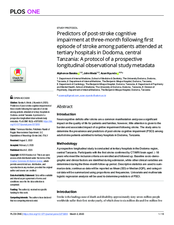 (PDF) Predictors of post-stroke cognitive impairment at three-month ...