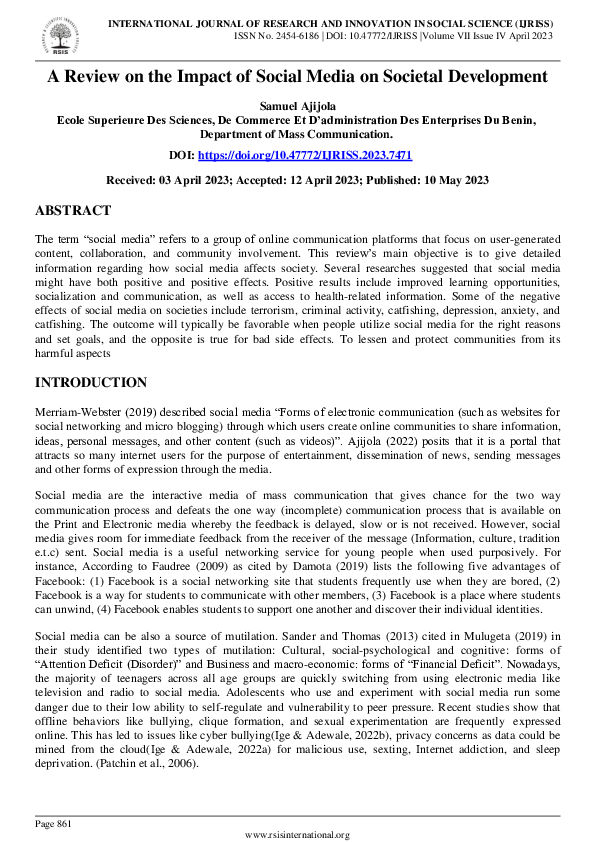 (PDF) A Review on the Impact of Social Media on Societal Development