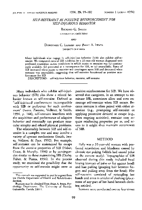 (PDF) Self-Restraint as Positive Reinforcement for Self-Injurious Behavior