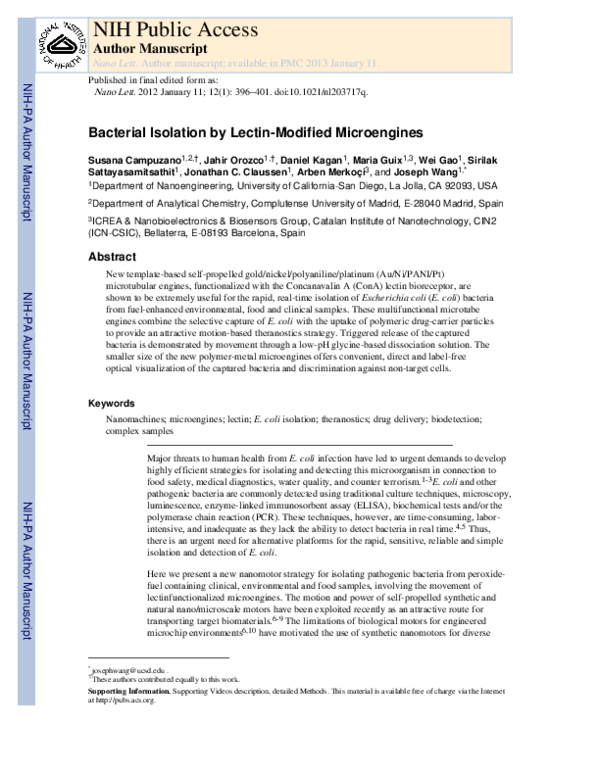 (PDF) Bacterial Isolation by Lectin-Modified Microengines