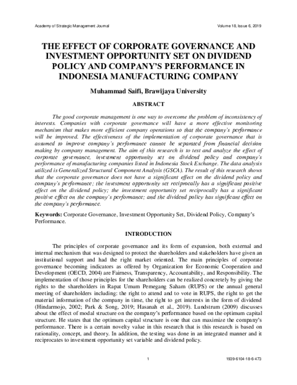 (PDF) The Effect of Corporate Governance and Investment Opportunity Set ...
