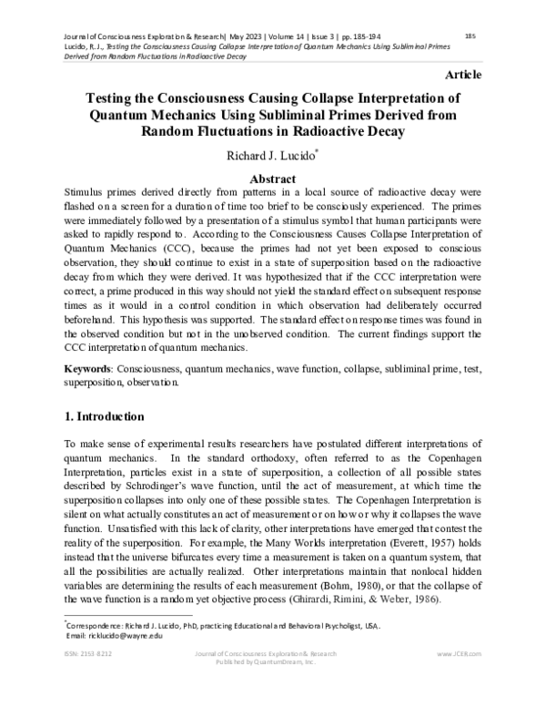 (PDF) Testing the Consciousness Causes Collapse Interpretation of ...