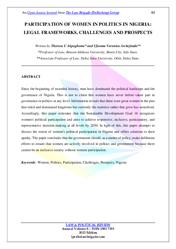 (PDF) Participation Of Women In Politics In Nigeria: Legal Frameworks ...