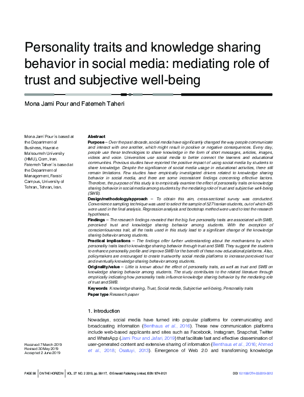 (PDF) Personality traits and knowledge sharing behavior in social media ...