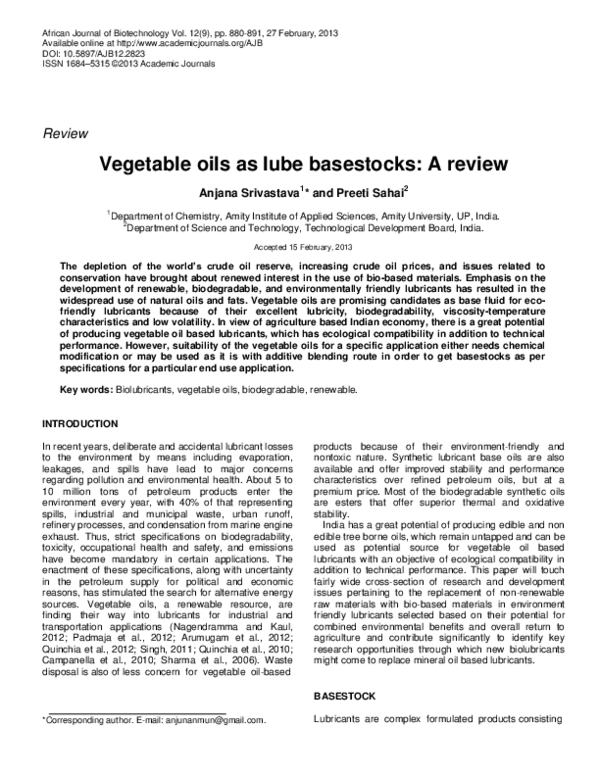 (PDF) Vegetable oils as lube basestocks A review Preeti Sahai Academia.edu