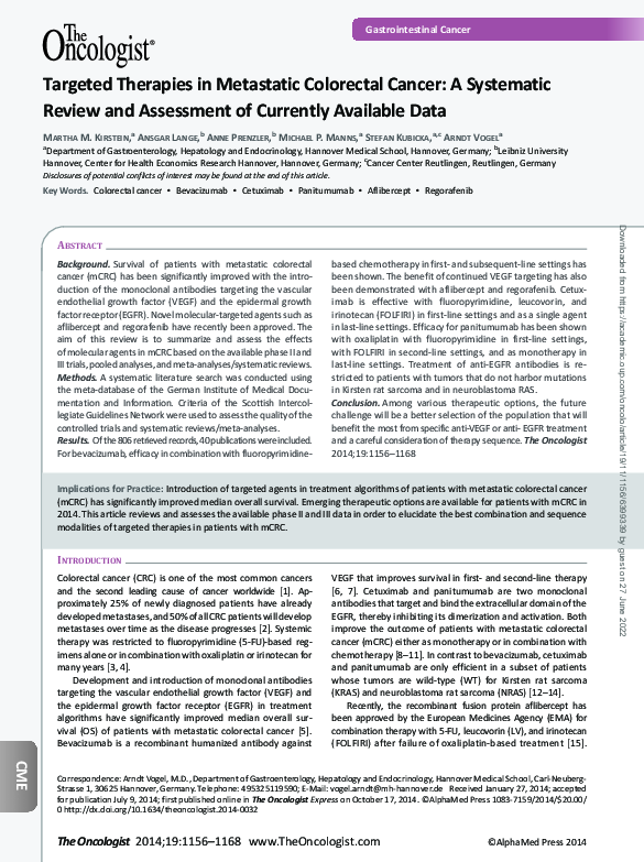 (PDF) Targeted therapies in metastatic colorectal cancer: a systematic ...