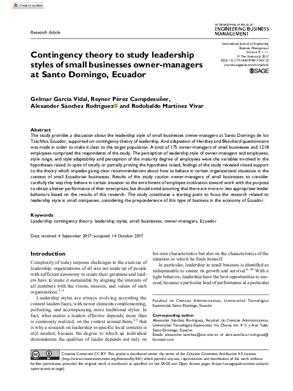 (PDF) Contingency theory to study leadership styles of small businesses ...