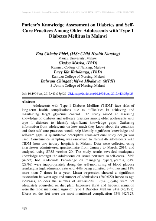 (PDF) Patient’s Knowledge Assessment on Diabetes and SelfCare Practices ...