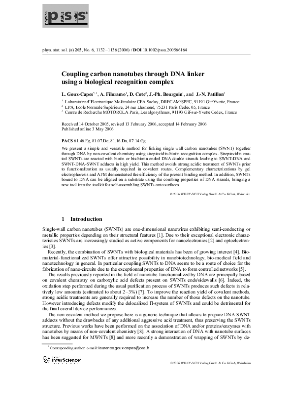 (PDF) Coupling carbon nanotubes through DNA linker using a biological ...