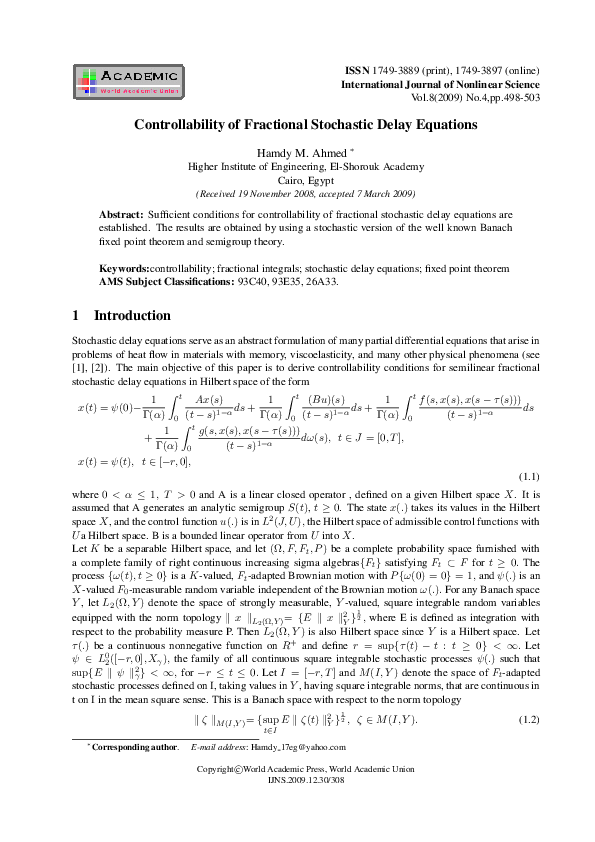 (PDF) Controllability of fractional stochastic delay equations