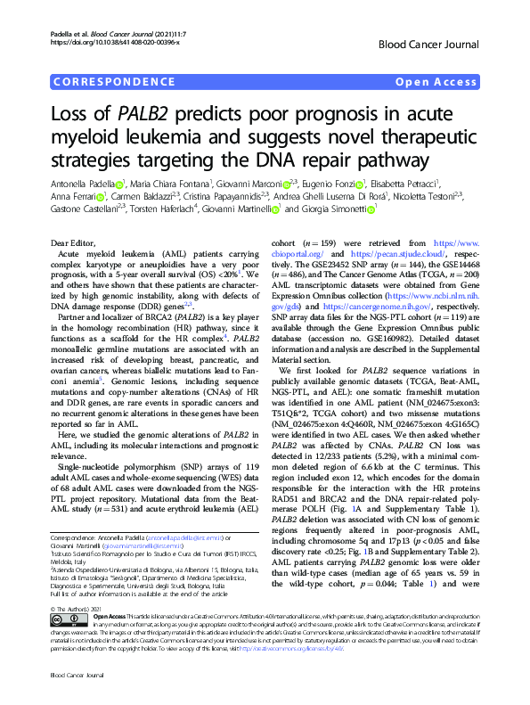 (PDF) Loss of PALB2 predicts poor prognosis in acute myeloid leukemia ...