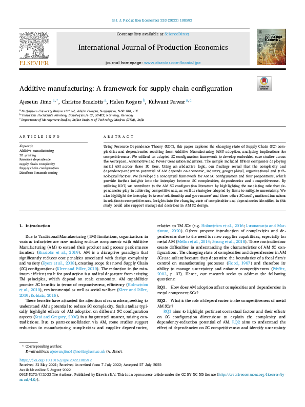 (PDF) Additive manufacturing: A framework for supply chain configuration