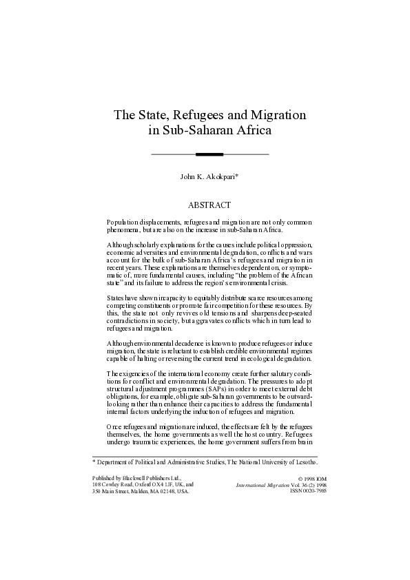 (PDF) The State, Refugees and Migration in Sub-Saharan Africa