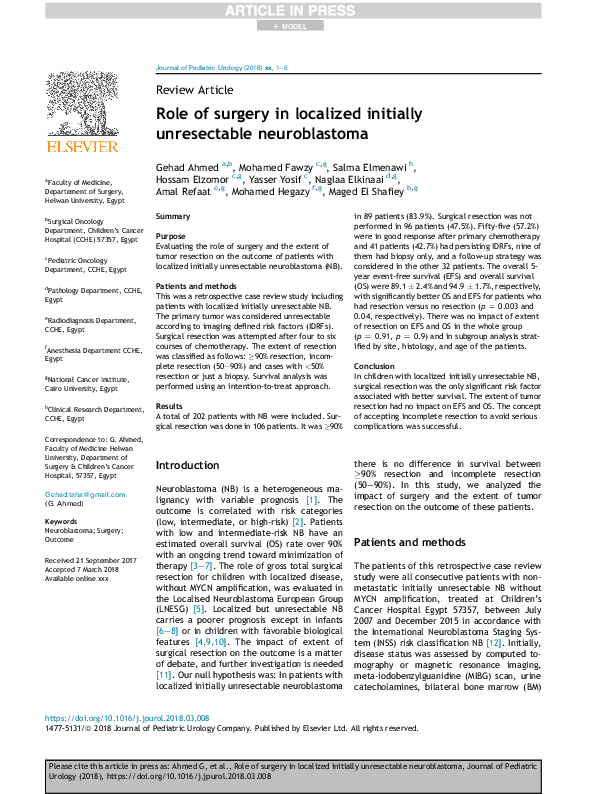 (PDF) Role of surgery in localized initially unresectable neuroblastoma