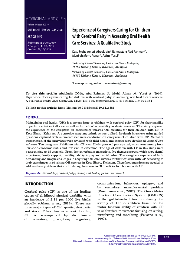 (PDF) Experience of Caregivers Caring for Children with Cerebral Palsy ...