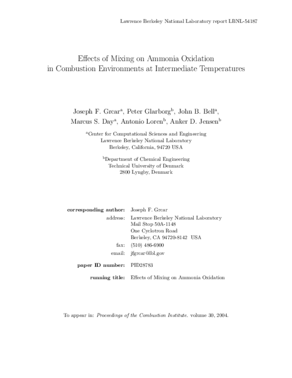 (PDF) Effects of mixing on ammonia oxidation in combustion environments ...