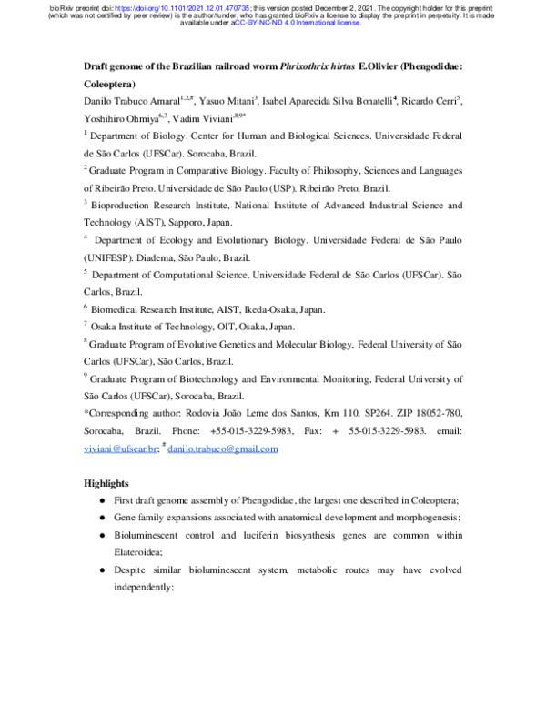 (PDF) Draft genome of the Brazilian railroad worm Phrixothrix hirtus E ...