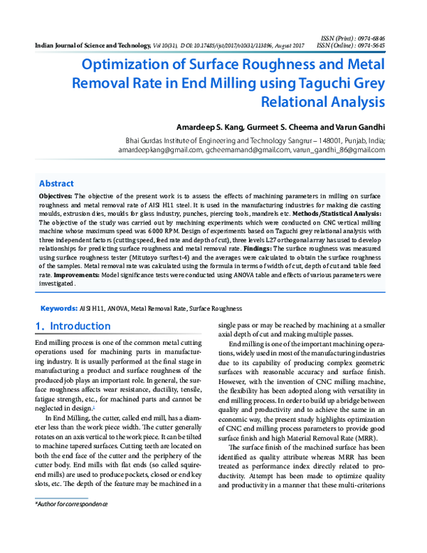 (PDF) Optimization of Surface Roughness and Metal Removal Rate in End ...