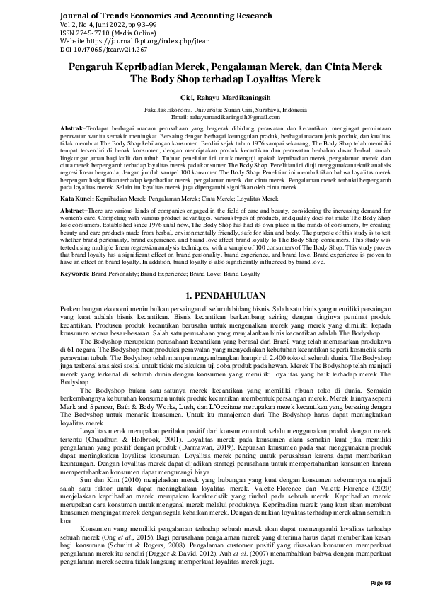 Pengaruh Kepribadian Merek, Pengalaman Merek, dan Cinta Merek The Body Shop terhadap Loyalitas Merek