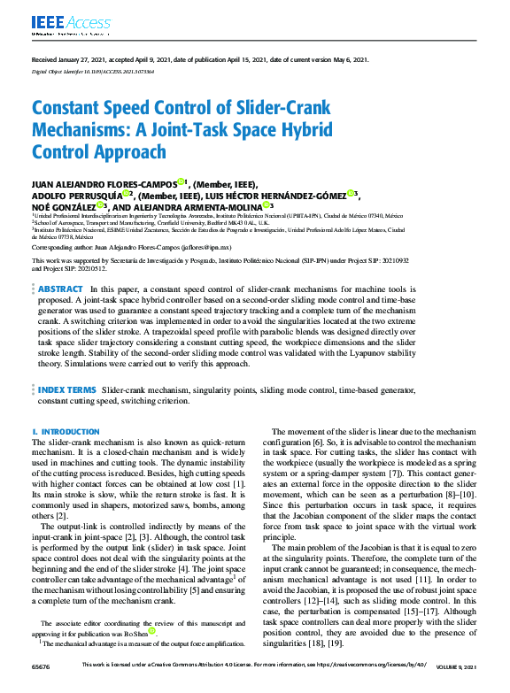 (PDF) Constant Speed Control of SliderCrank Mechanisms A JointTask
