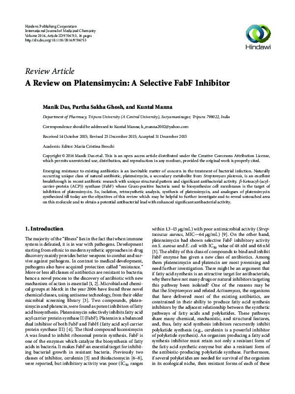 (PDF) A Review on Platensimycin: A Selective FabF Inhibitor