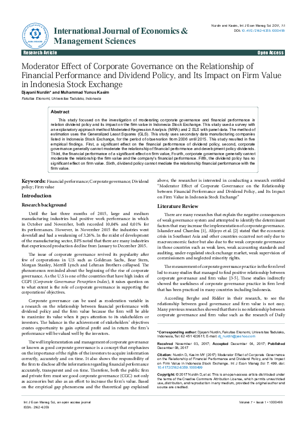 (PDF) Moderator Effect of Corporate Governance on the Relationship of ...