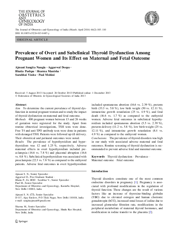 (PDF) Prevalence of Overt and Subclinical Thyroid Dysfunction Among ...