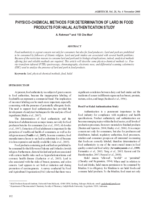 (PDF) PhysicoChemical Methods for Determination of Lard in Food