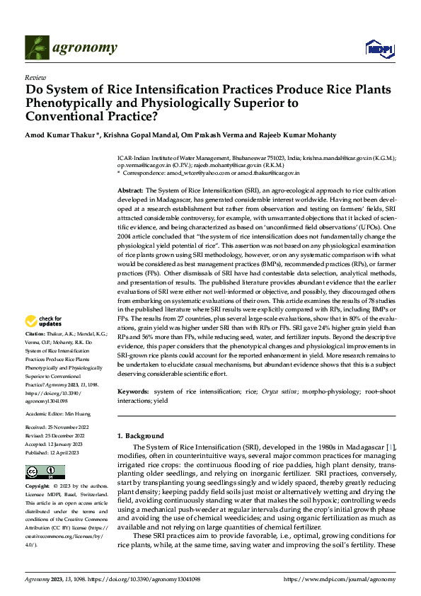 (PDF) Do System of Rice Intensification Practices Produce Rice Plants ...