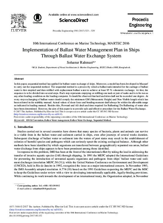 (PDF) Implementation of Ballast Water Management Plan in Ships Through