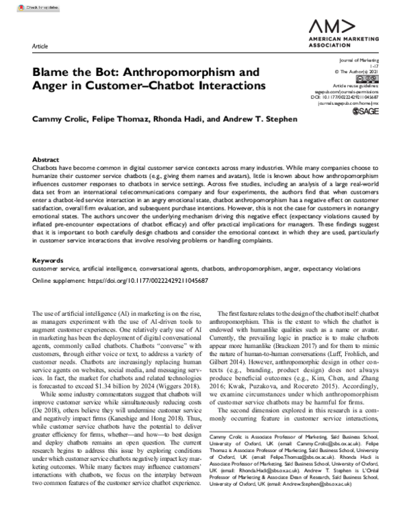 (PDF) Blame the Bot: Anthropomorphism and Anger in Customer–Chatbot ...