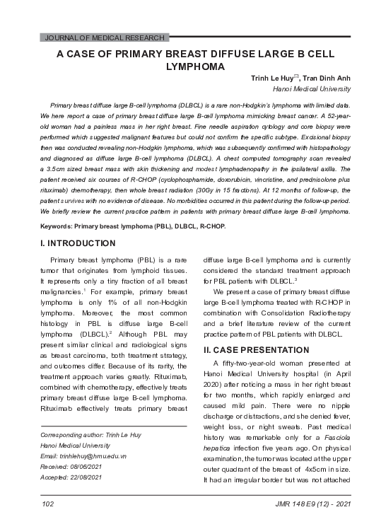 (PDF) A case of primary breast diffuse large B cell lymphoma