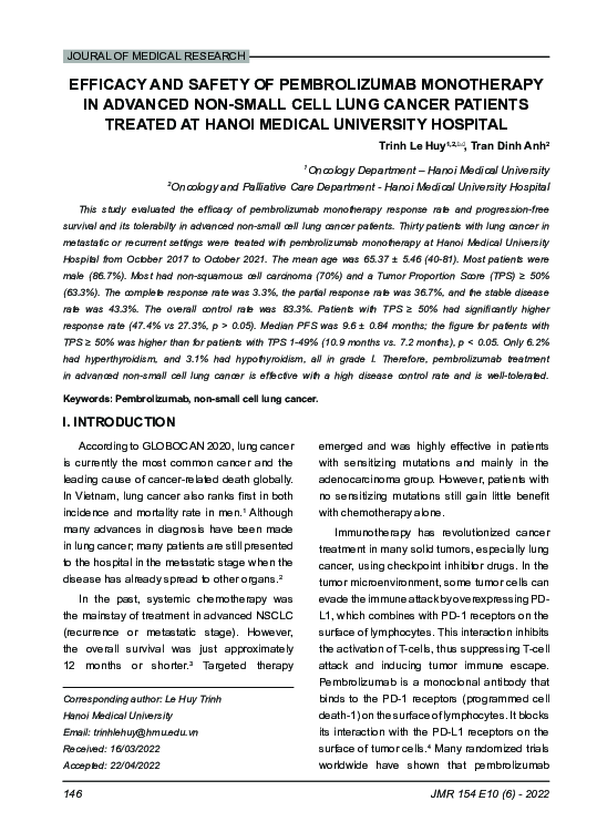 (PDF) Efficacy and safety of pembrolizumab monotherapy in advanced non ...