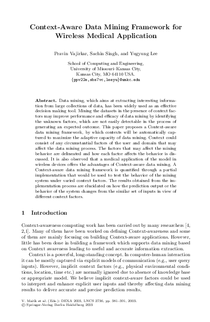 (PDF) Context-Aware Data Mining Framework for Wireless Medical Application