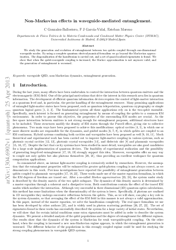 (PDF) Non-Markovian effects in waveguide-mediated entanglement