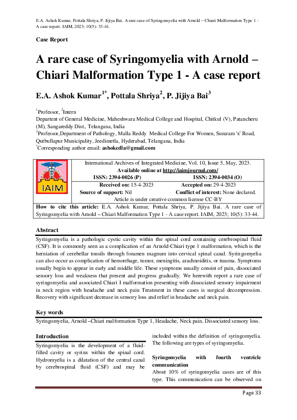 (PDF) A rare case of Syringomyelia with Arnold -Chiari Malformation ...