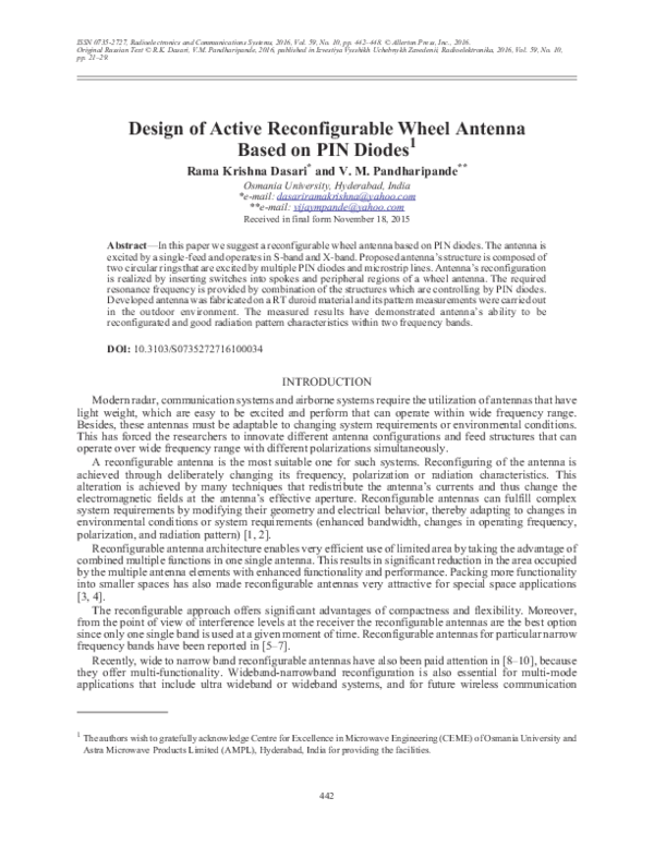 (PDF) Design of active reconfigurable wheel antenna based on PIN diodes