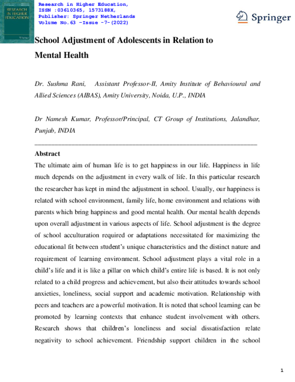 (PDF) School Adjustment of Adolescents in Relation to Mental Health