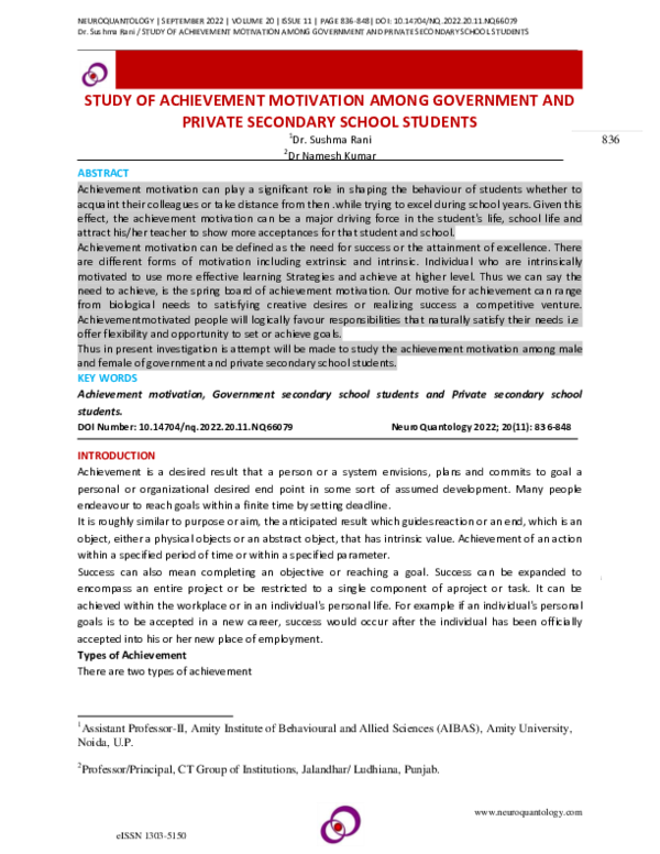 (PDF) STUDY OF ACHIEVEMENT MOTIVATION AMONG GOVERNMENT AND PRIVATE ...