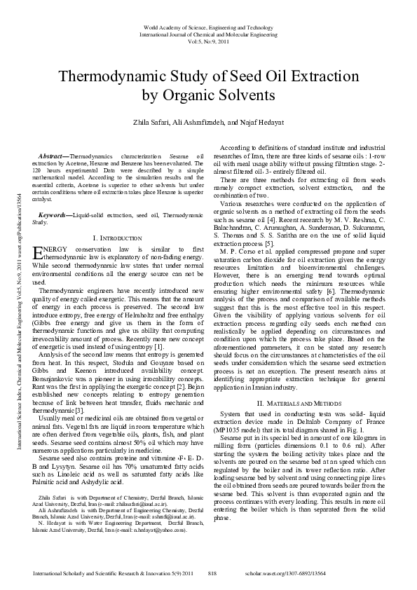 (PDF) Thermodynamic Study Of Seed Oil Extraction By Organic Solvents