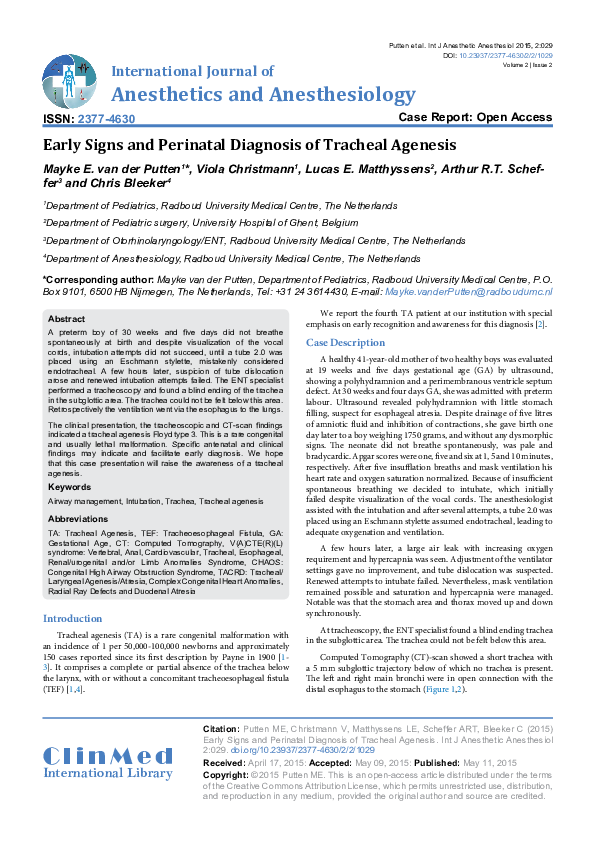 (PDF) Early Signs and Perinatal Diagnosis of Tracheal Agenesis