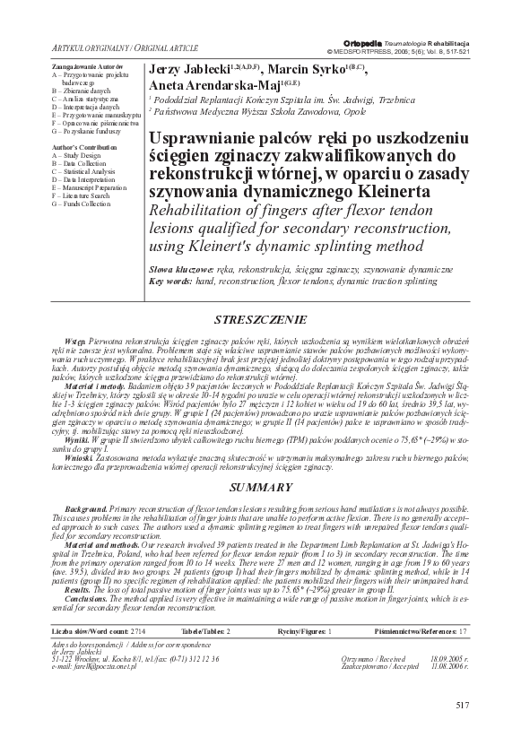 (PDF) Rehabilitation of fingers after flexor tendon lesions qualified ...