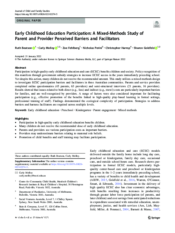 (PDF) Early Childhood Education Participation: A Mixed-Methods Study of ...