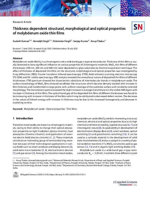 (PDF) Thickness dependent structural, morphological and optical ...