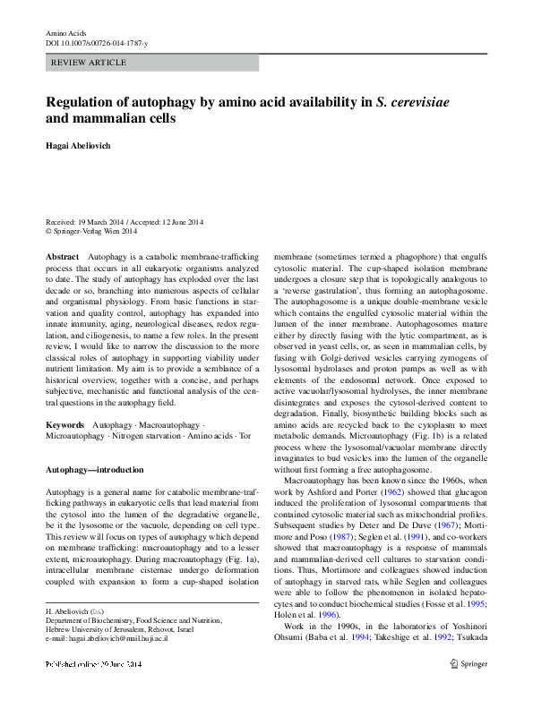 (PDF) Regulation of autophagy by amino acid availability in S ...