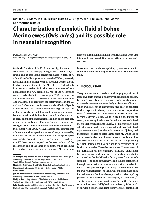 (PDF) Characterization of amniotic fluid of Dohne Merino ewes (Ovis ...