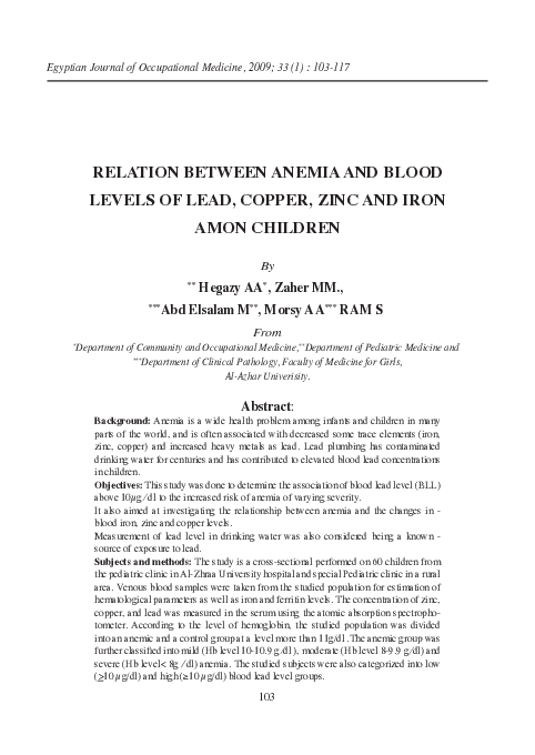 (PDF) Relation Between Anemia and Blood Levels of Lead, Copper, Zinc ...