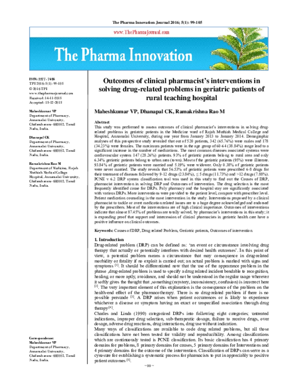 (PDF) Outcomes of clinical pharmacist ’ s interventions in solving drug ...