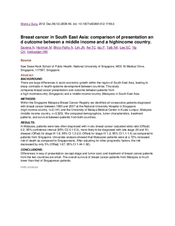 (PDF) Breast Cancer in South East Asia: Comparison of Presentation and ...