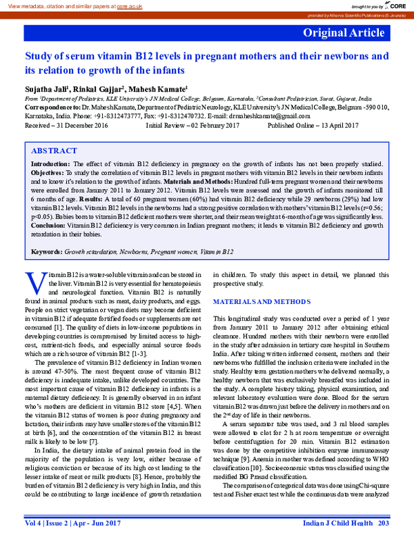 (PDF) Study of Serum Vitamin B12 Levels in Pregnant Mothers and Their ...